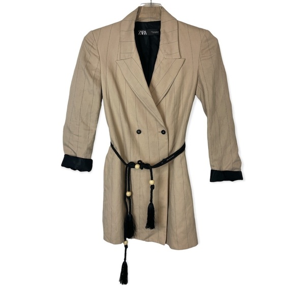 ZARA Woman’s CAMEL STRIPED Tassel BELTED Longline BLAZER Jacket Size XS - Picture 3 of 9
